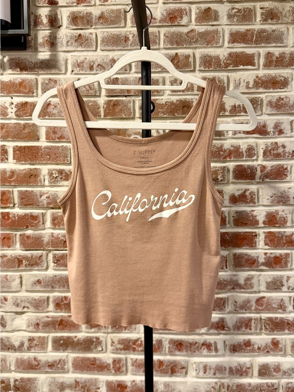 Z Supply Crop Tank Top in Tan with White 'California' Script